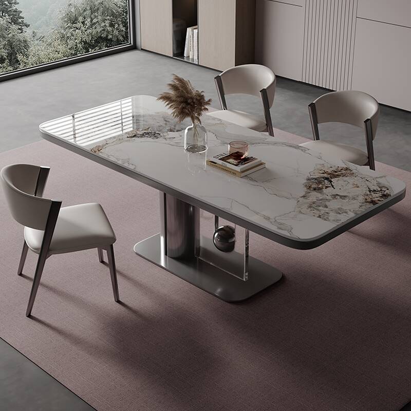 Contemporary Rectangular Dining Table with Slate Stone Top and Fixed Mechanism