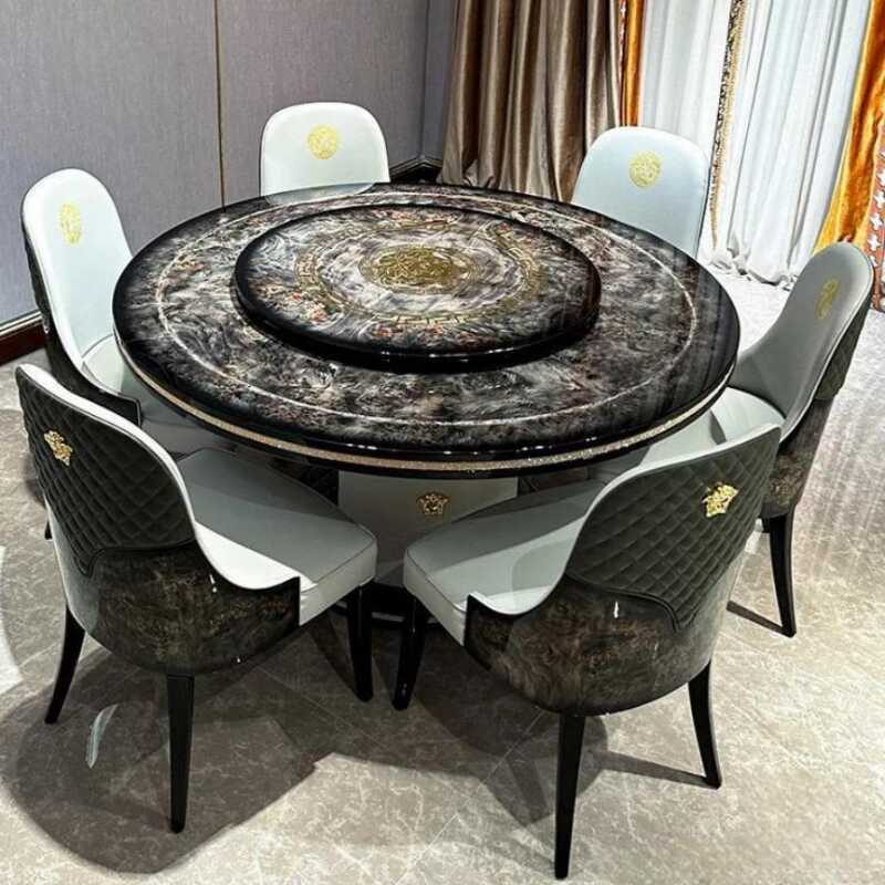 Luxurious Rounded Dining Table with Timber Top and Lazy Susan in Ink