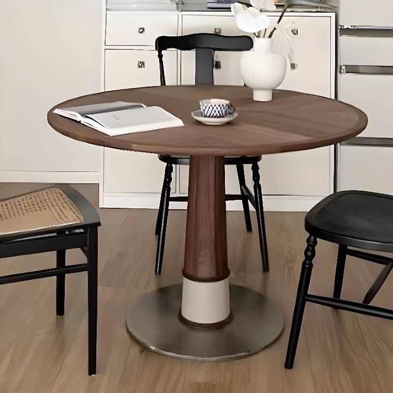 Contemporary Circular Table with Particle Board Wood Top, Fixed Mechanism in Sepia