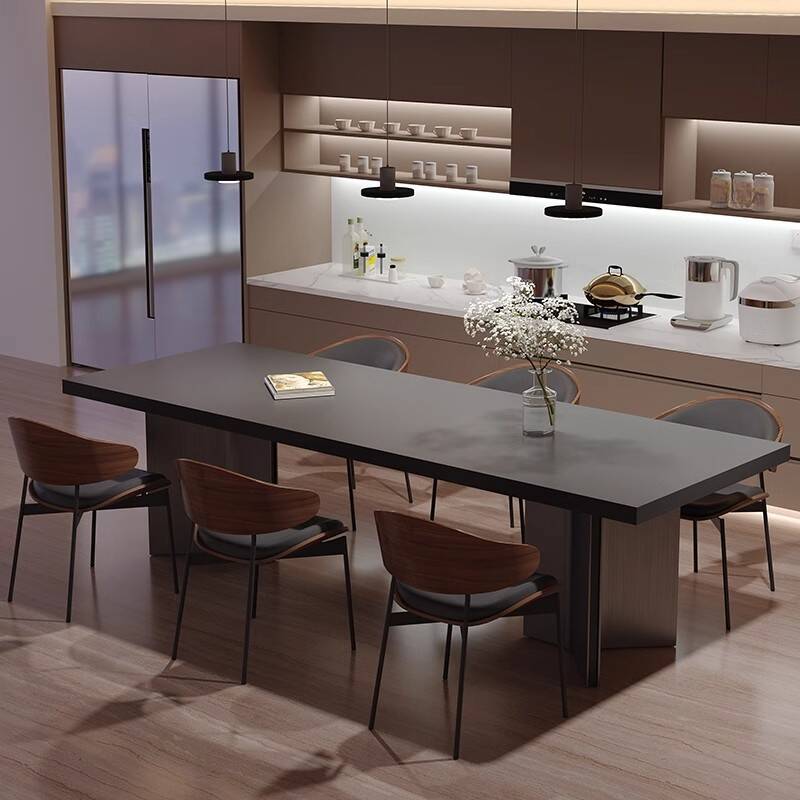 Art Deco Rectangular Dining Table with Stone Top and Fixed Table in Ink