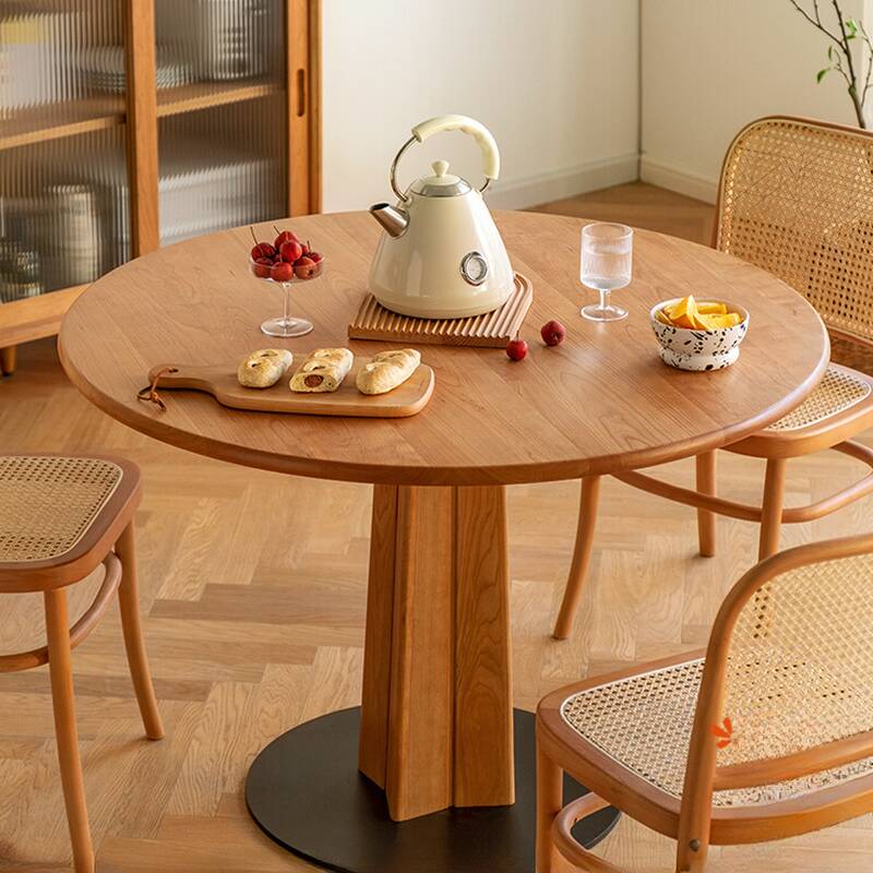 Contemporary Circular Table with Natural Wood Top, Fixed Mechanism in Natural Finish