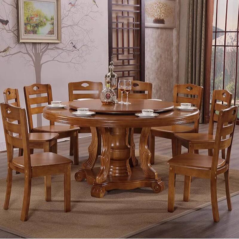 Art Deco Rounded Dining Table with Natural Wood, Sepia Colour, Lazy Susan, and Standard Height