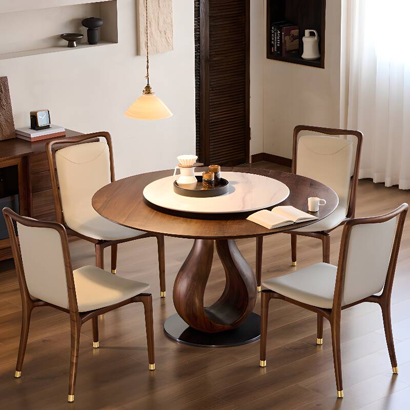 Casual Rounded Dining Table with Natural Wood Top and Lazy Susan in Cocoa