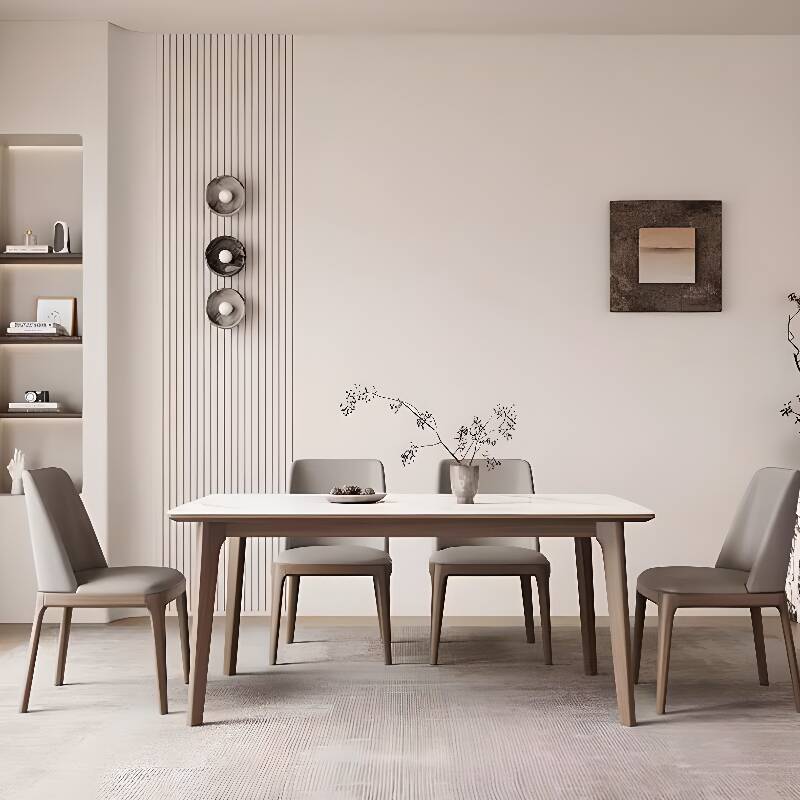 Contemporary Rectangular Dining Table with Slate Stone Top in White and Fixed Mechanism