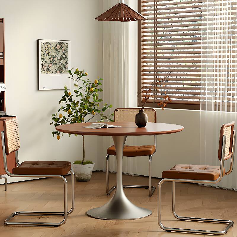 Simplistic Rounded Dining Table with Fixed Natural Wood Top in Cocoa