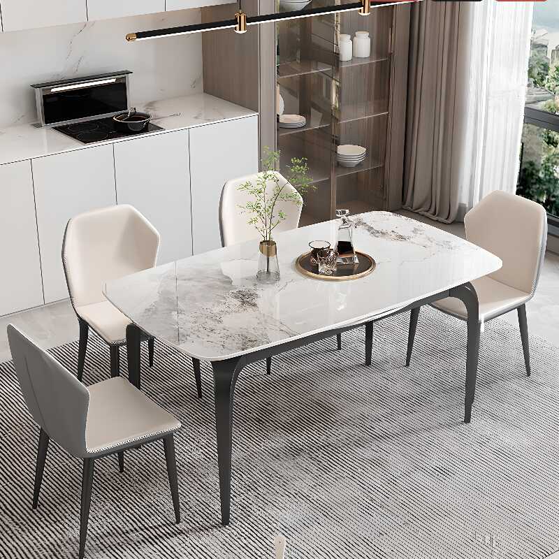 Contemporary Rectangular Dining Table with Slate Stone Top, Retractable Leaf, Collapsible, Scratch-durable in White