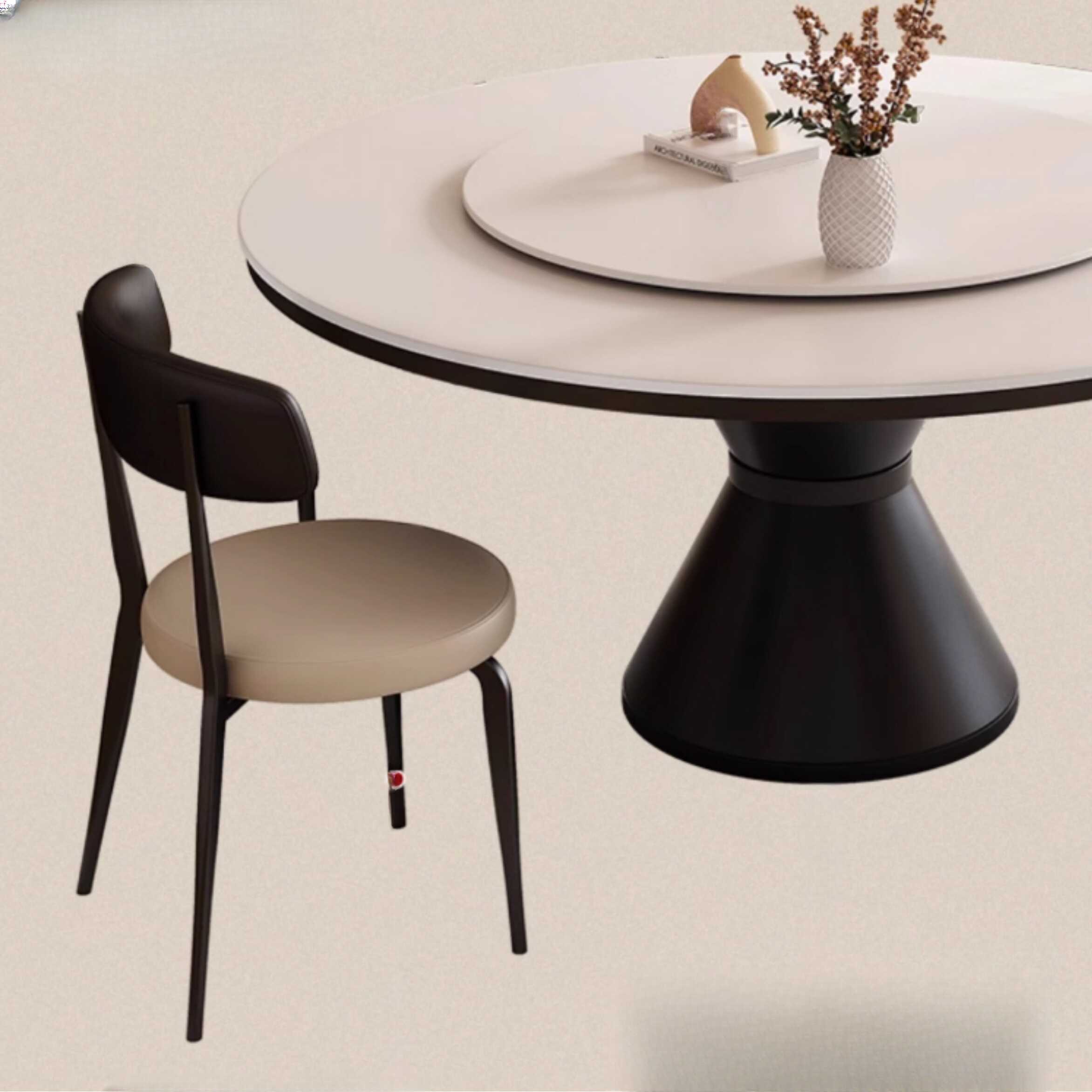 Casual Rounded Dining Table with Slate Stone Top in Chalk and Lazy Susan Mechanism