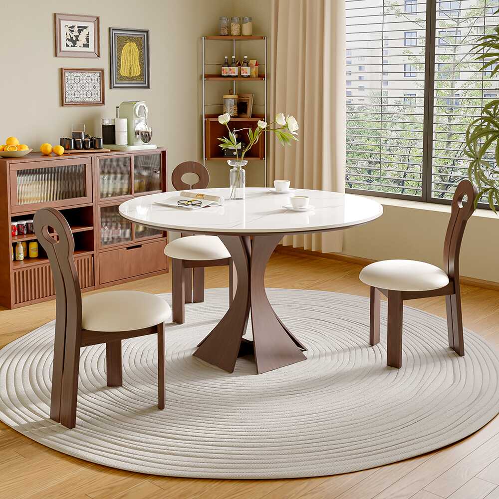 Casual Rounded Dining Table with Slate Stone Top in Chalk and Fixed Mechanism