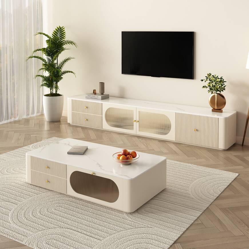 Beige Simplistic Wood TV Stand with 3 Drawers, 2 Cabinets, and Cable Management