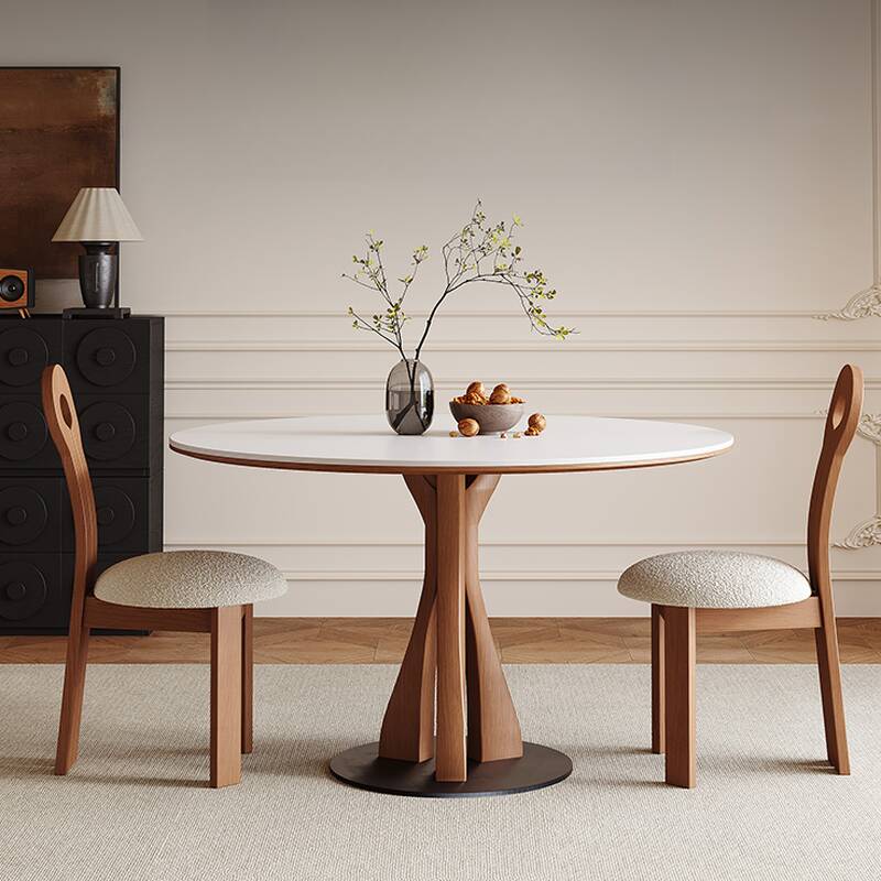 Antique Rounded Dining Table with Slate Stone Top, Fixed Mechanism, and Chalk Colour