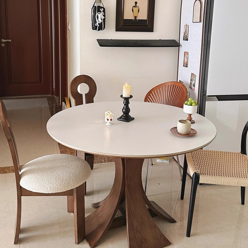 Simplistic Rounded Dining Table with Stone Top, Fixed Table, Chalk Colour