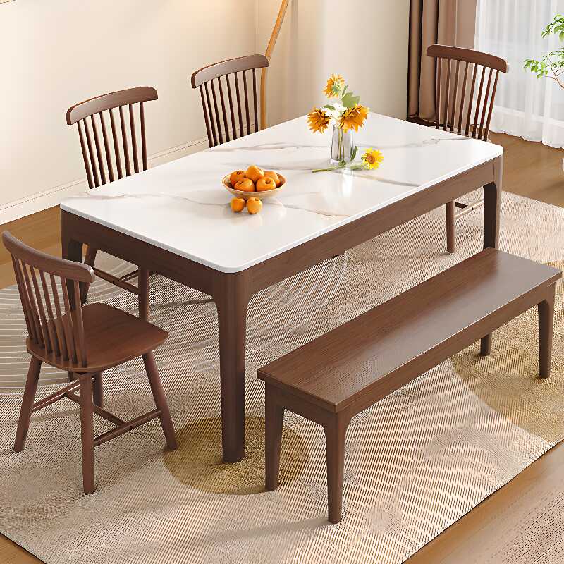 Casual Rectangular Dining Table with Slate Stone Top in Chalk and Fixed Mechanism