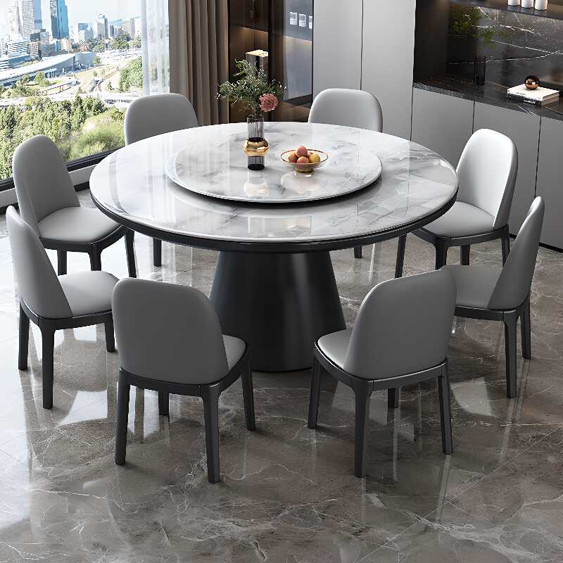 Casual Circular-Shaped Dining Table with Sintered Stone Top, Lazy Susan, and Dove Grey Colour