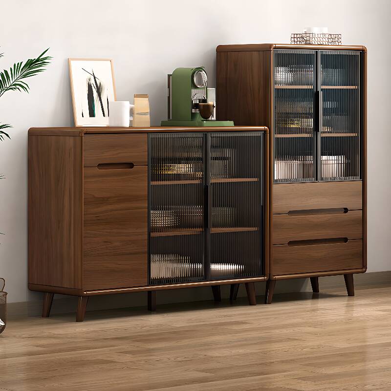 Dark Brown Sideboard with Multiple Drawers, Closet, Narrow/Standard Size, Drawers Storage, Glass-panel Door, and Adaptable Shelf