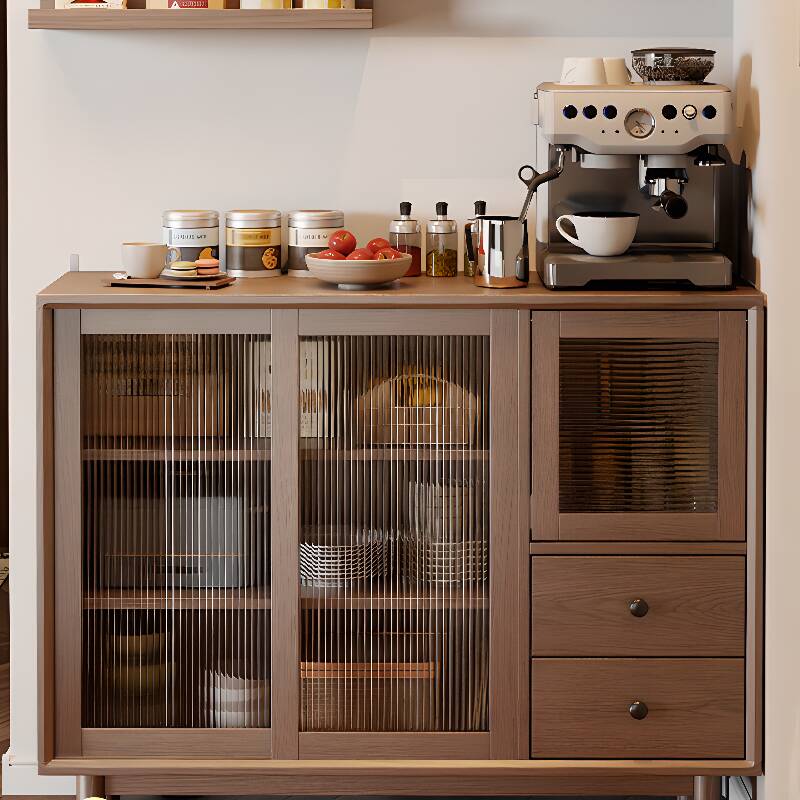 Modish Sideboard with Closet, Narrow Size, Functional Storage Cabinet, Timber Countertop, Sliding Doors, and Adaptable Shelf