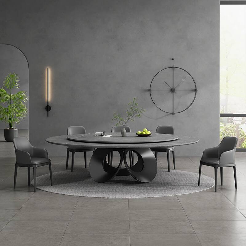 Art Deco Rounded Dining Table with Slate Stone Top, Fixed Table, Dove Grey Colour