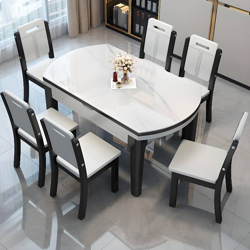 Casual Oblong Dining Table with Sintered Stone Top, Pop-Up Mechanism, White Colour, and Collapsible Design