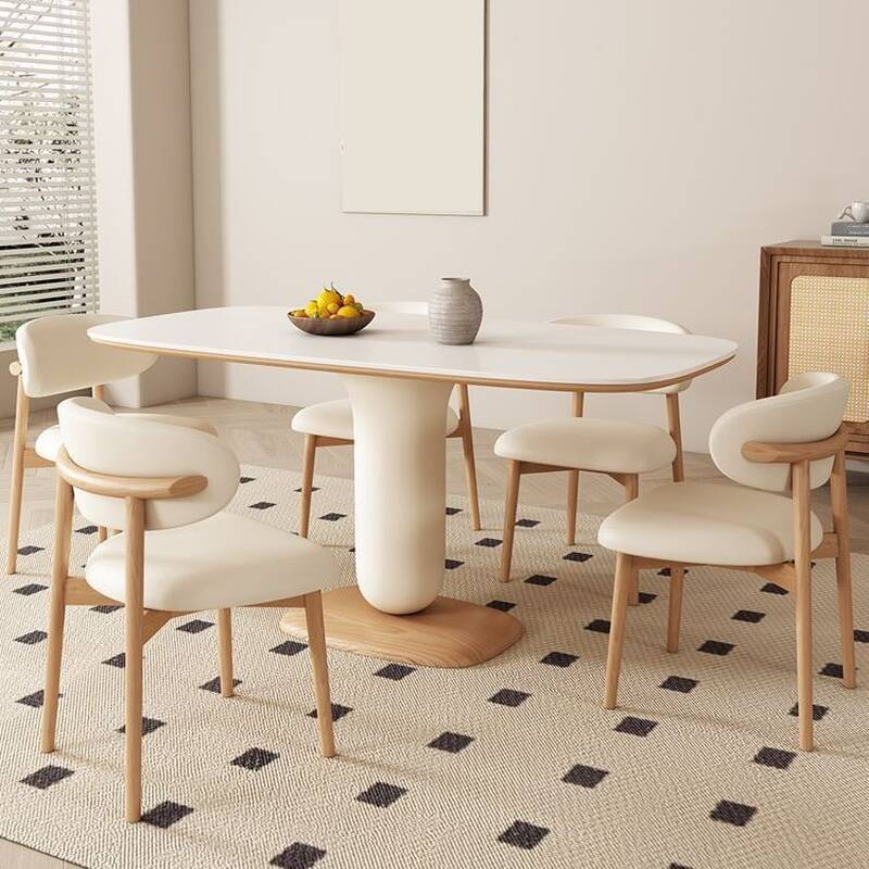 Elegant Stone Pedestal Dining Table Set with Upholstered Chairs and Back for 6 People in Chalk Colour