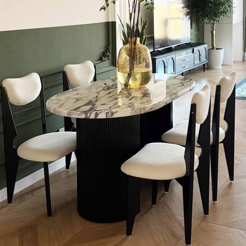 Oval Dining Table Set with Upholstered Chair Back, White Marble Slab Top, and Dual Footing