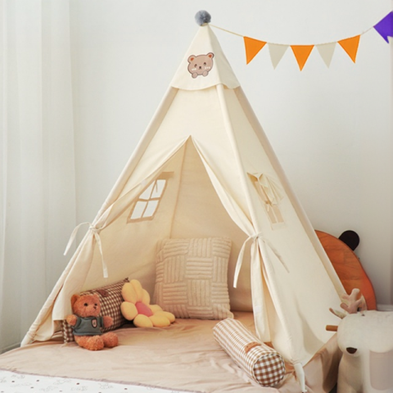 Indoor White Triangular Shape Cloth Triangular Play Tent with Floor, Illumination Lights & Windows