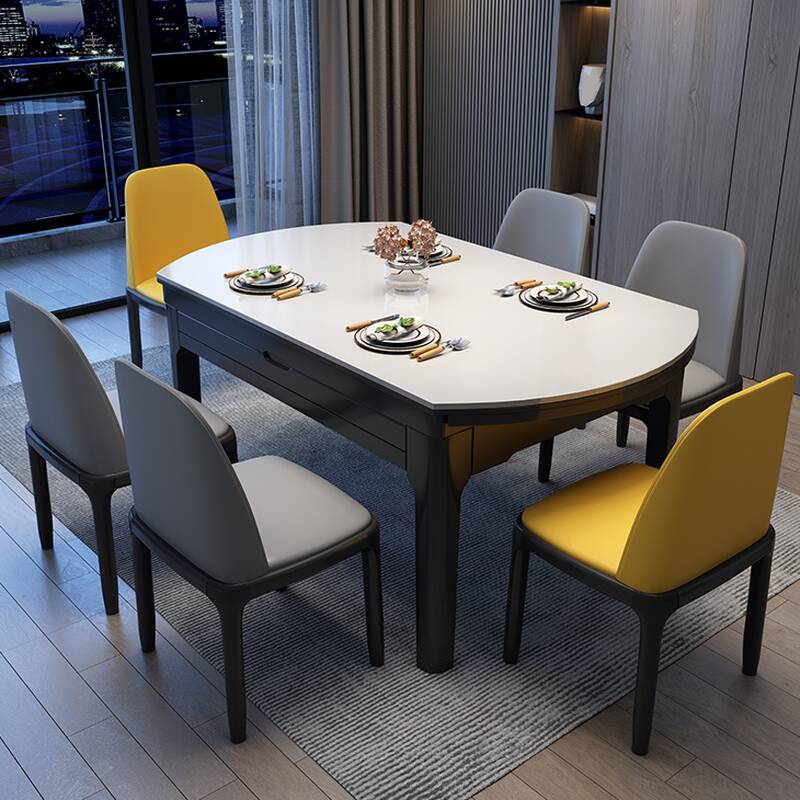 Art Deco Rectangular Extendable Dining Table with Slate Stone Top, Fixed Table, Chalk Colour