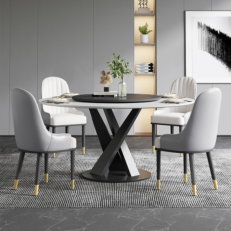 Casual Rounded Dining Table with Multiple Colour Slate Stone Top and Lazy Susan Mechanism