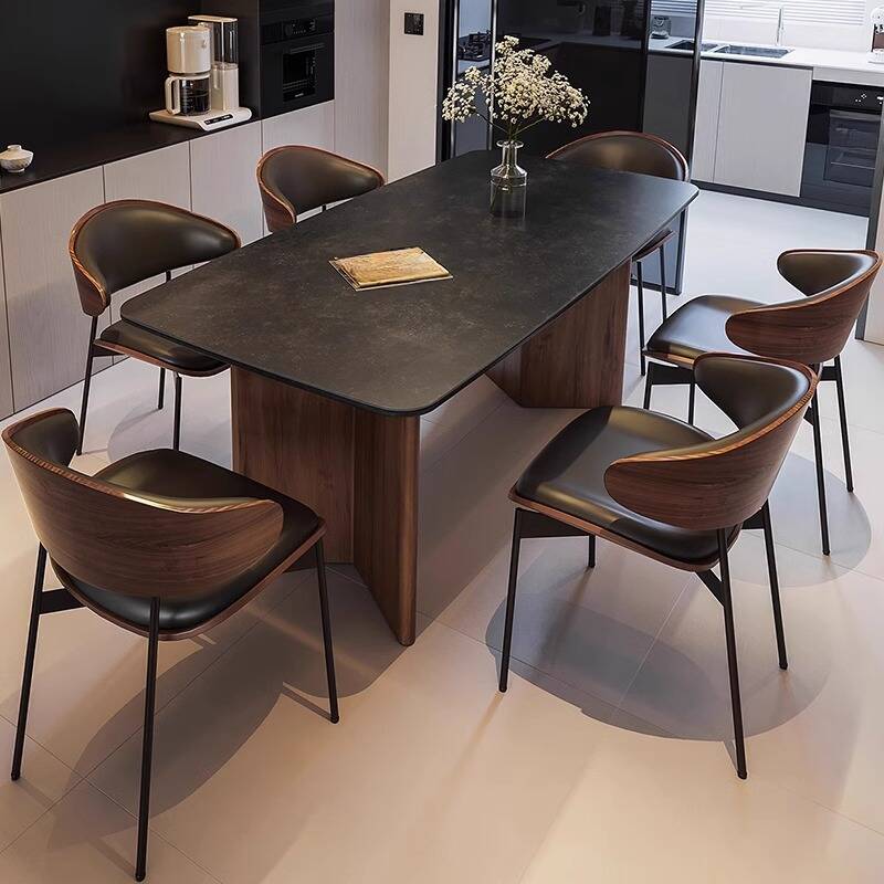 Trendy Fillet Dining Table with Slate Stone Top, Fixed Table Mechanism in Ink