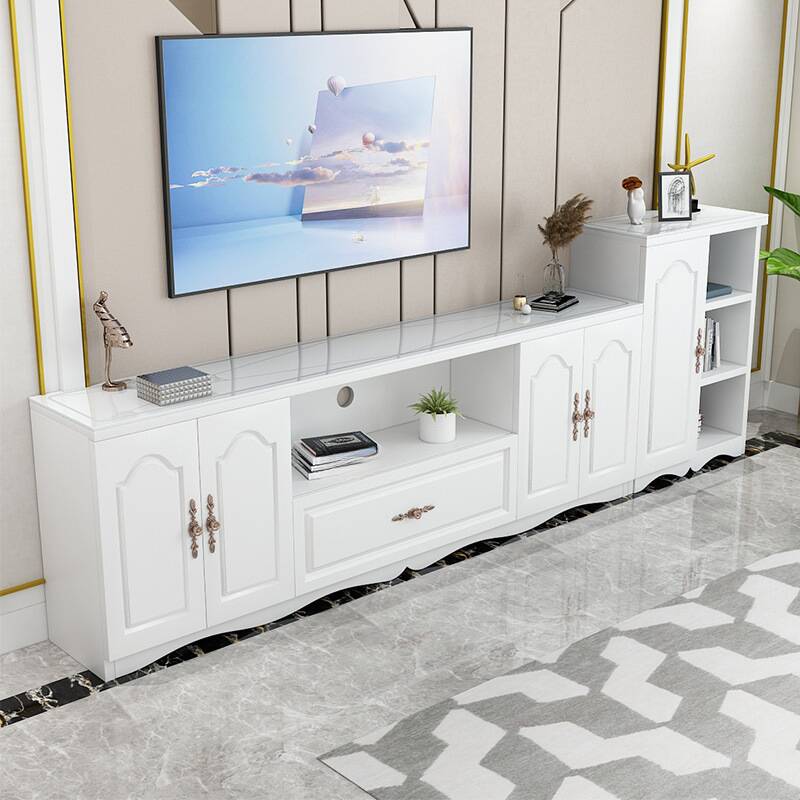 Vitreous TV Stand with Shelf, Compartments, 2 Cabinets, Cable Management, and Unsheltered Storage Featuring a Bridge