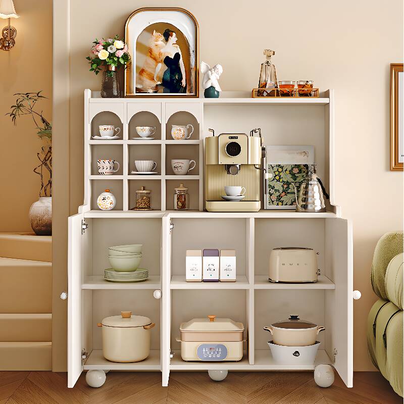 Narrow Sideboard with Closet, Pantry Hutch, Particle Board Wood Countertop, Adaptable Shelf, and 2/3 Doors