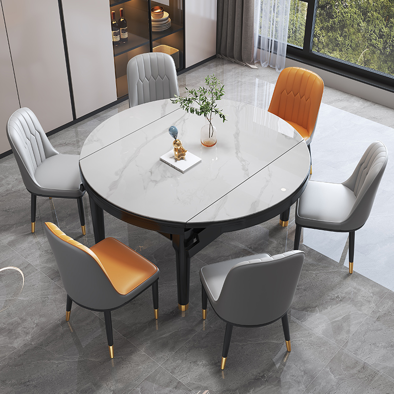 Luxurious Rounded Stone Chalk Extendable Dining Table with Fold-away Leaf for 4 People/for 6