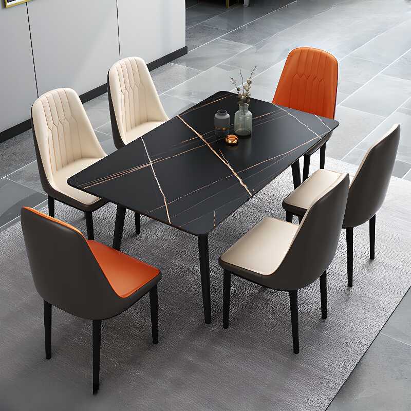 Casual Rectangular Dining Table with Slate Stone Top in Ink and Fixed Mechanism