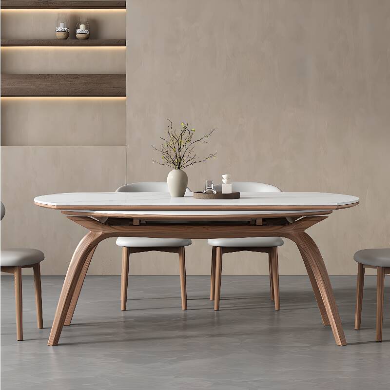 Casual Rounded Extendable Dining Table with Slate Stone Top in Chalk and Fold-away Leaf Mechanism