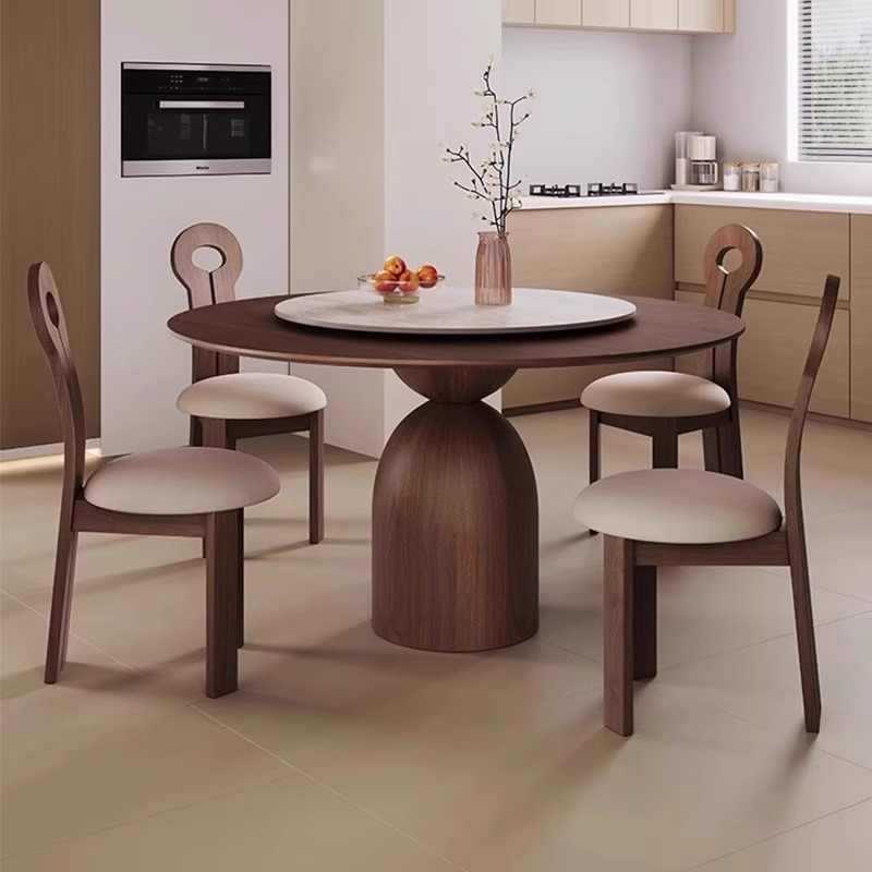 Contemporary Circular Slate Dining Table Set with Pedestal Base and Back Support