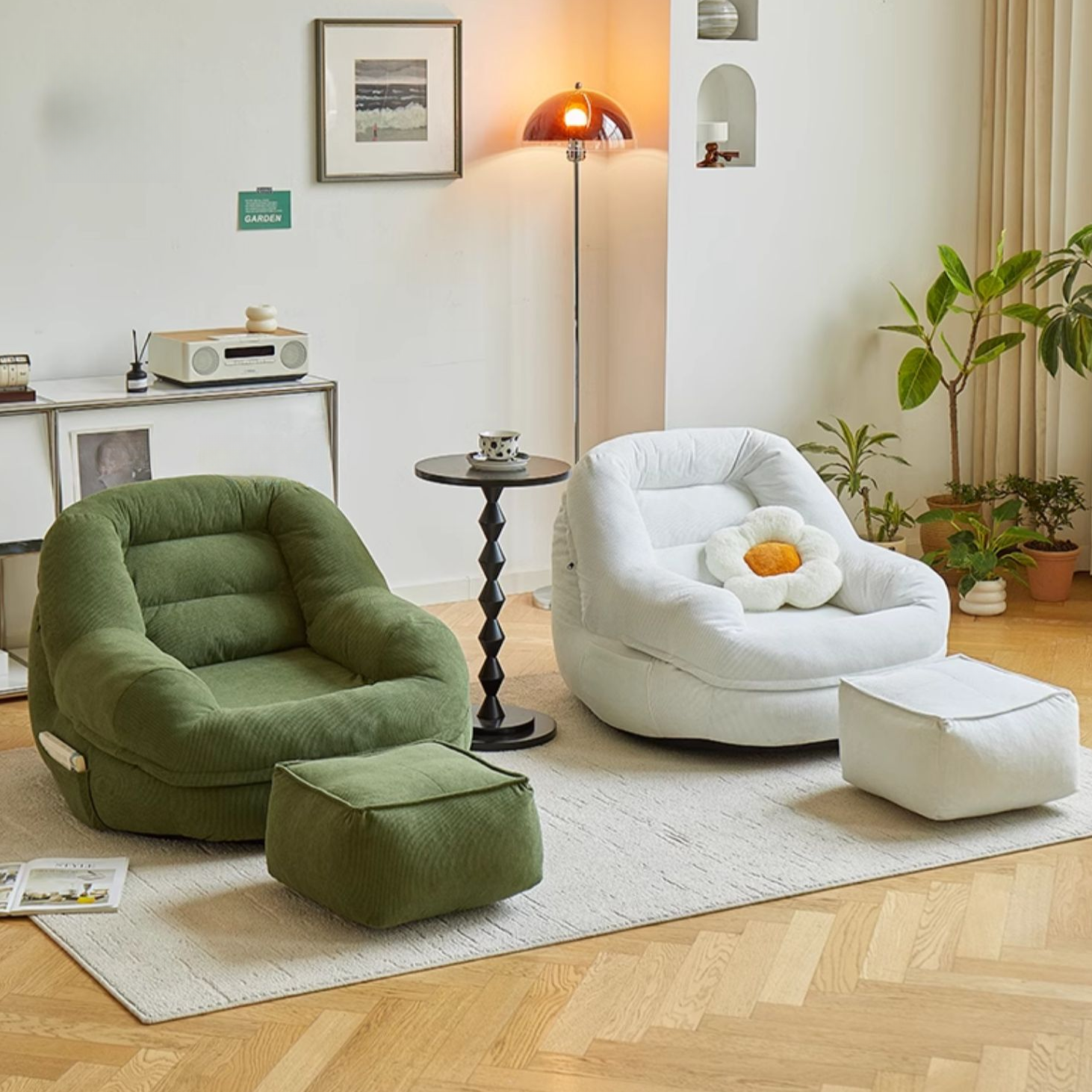 Solid Colour Beanbag Shape Chair with Removable Cover, Bean Bag Chair, Seats 1, Corduroy, Expanded Polystyrene Beans, Amber Colour/Olive Green/White