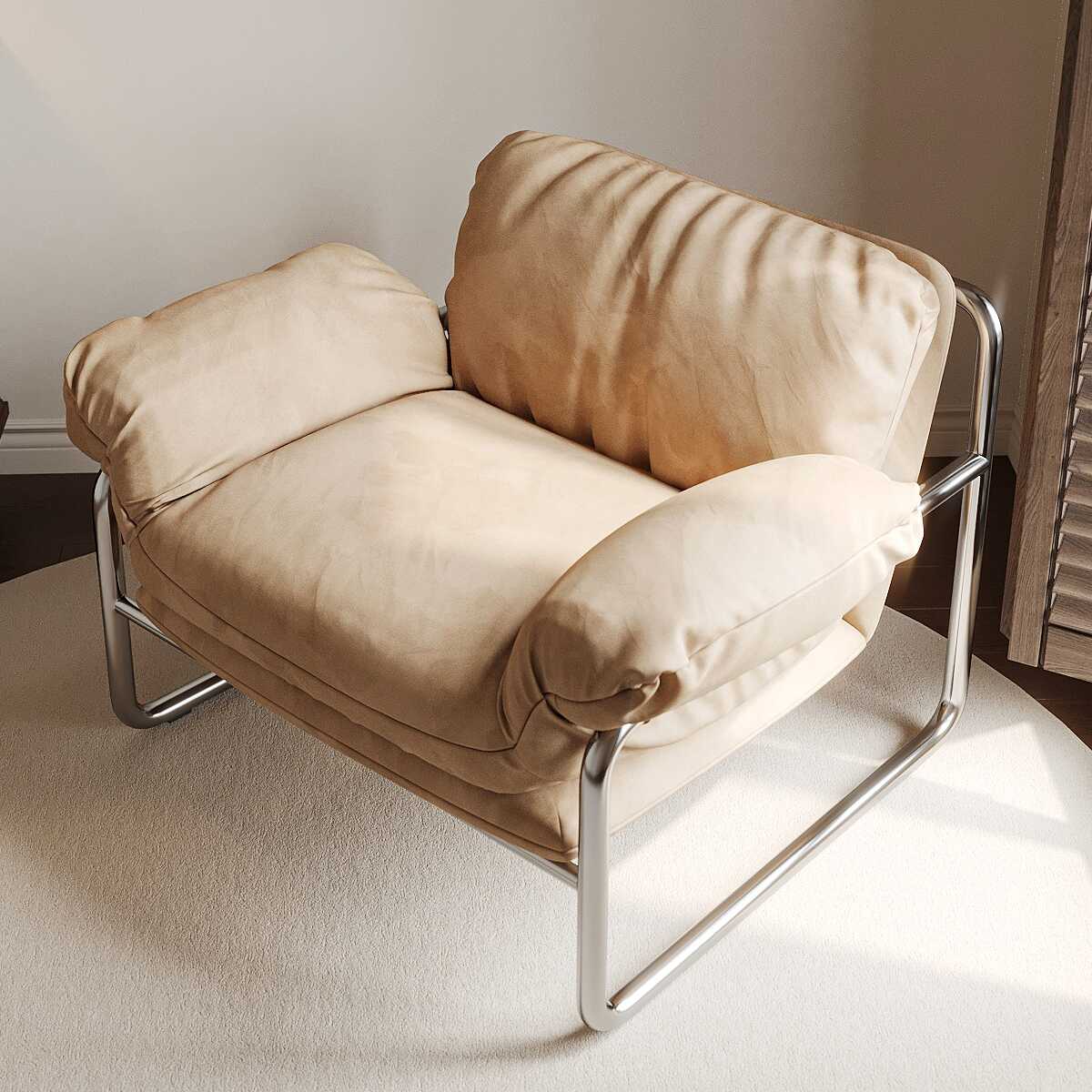 Modern Simple Style Solid Colour Arm Chair with Pillow Back, White/Ivory Upholstery, and Armrest