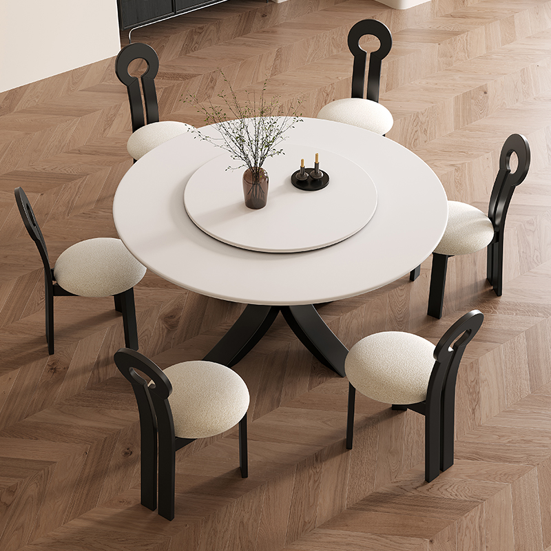 Casual Rounded Slate Stone Table with Lazy Susan in Chalk Colour