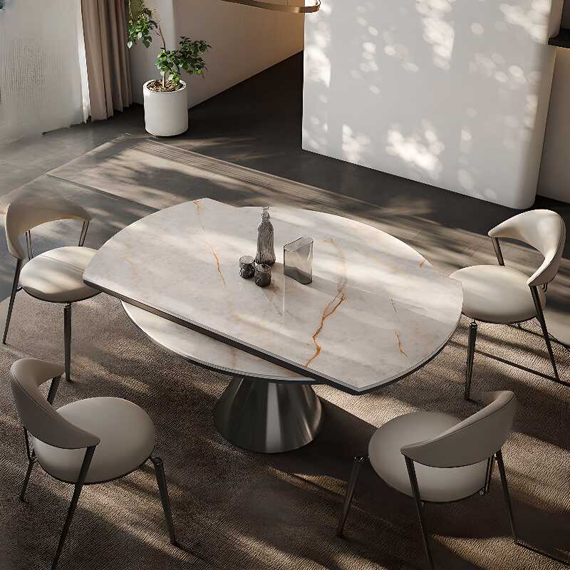 Casual Rounded Dining Table with Slate Stone Top, Fold-away Leaf Mechanism, Chalk Colour, and Extendable Feature