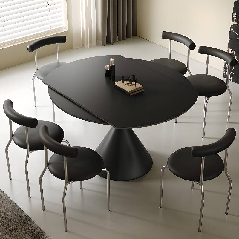 Casual Rounded Extendable Dining Table with Slate Stone Top in Ink and Fold-away Leaf Mechanism