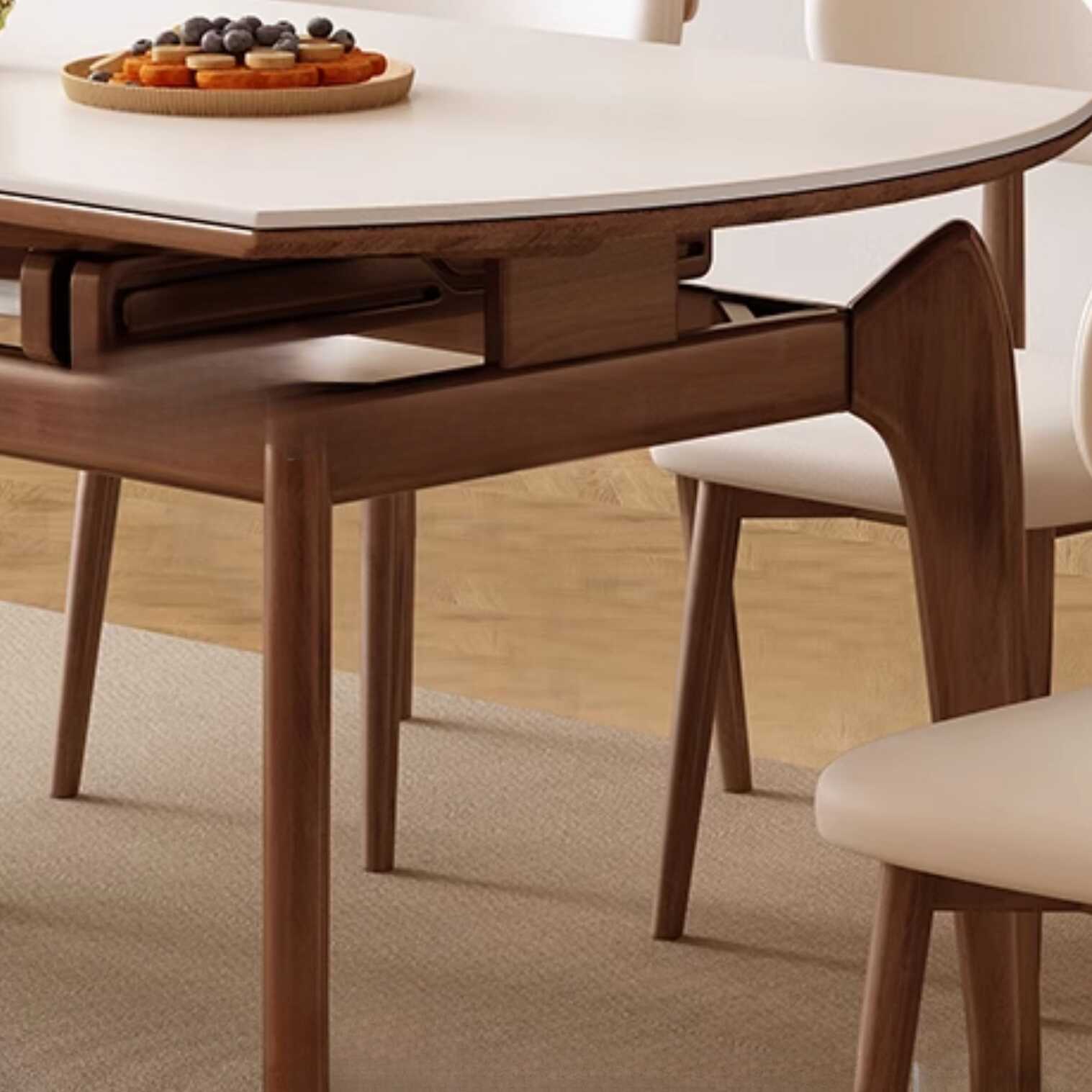 Simplistic Rounded Extendable Dining Table with Slate Stone Top, Fold-away Leaf, and Chalk Finish