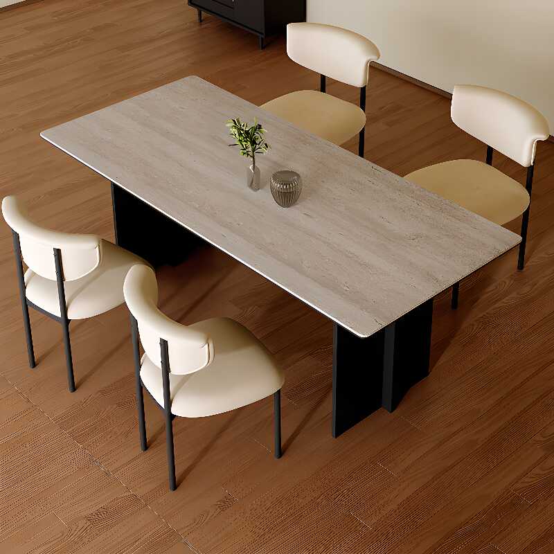 Casual Rectangular Dining Table with Sintered Stone Top, Fixed Mechanism, and Natural Finish