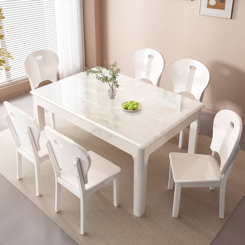 Casual Rectangular Dining Table with Stone Top in Chalk and Fixed Mechanism