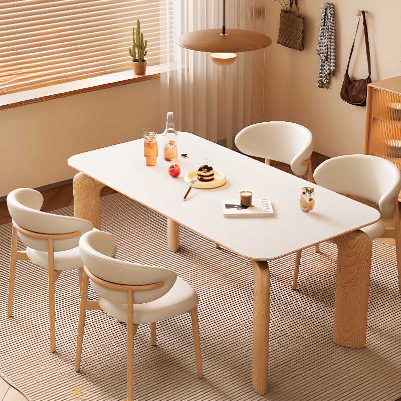 Casual Fillet Dining Table with White Sintered Stone Top, Fixed Mechanism