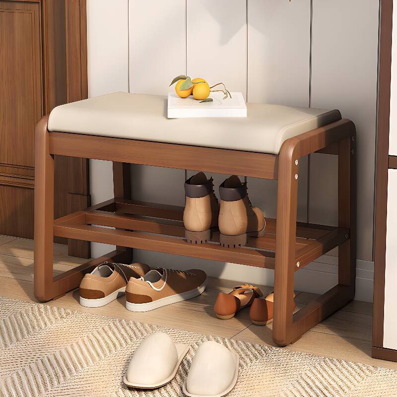 Beige Casual Upholstered Solid Colour Sitting Bench Indoor with Locker Storage and Cushioned Seat