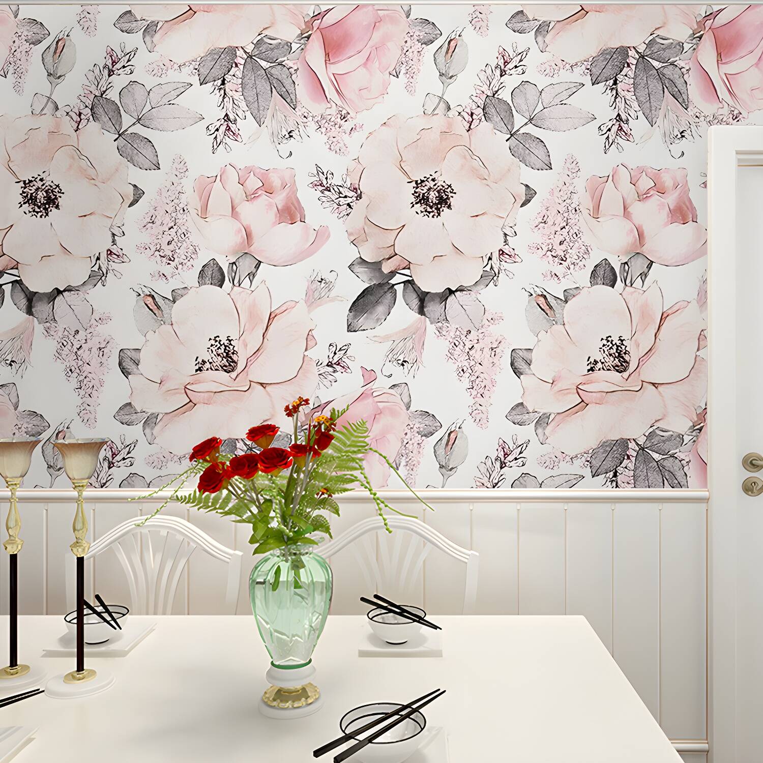 Romantic Grey and Pink Mural Wallpaper with Floral Design for Bedroom, Non-Woven Material