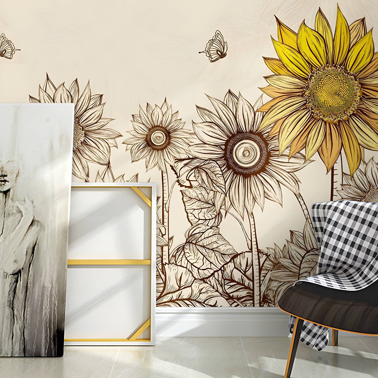 Sunflower Wall Art in Yellow, Nostalgic Countryside Mural Wallpaper for Home Decor