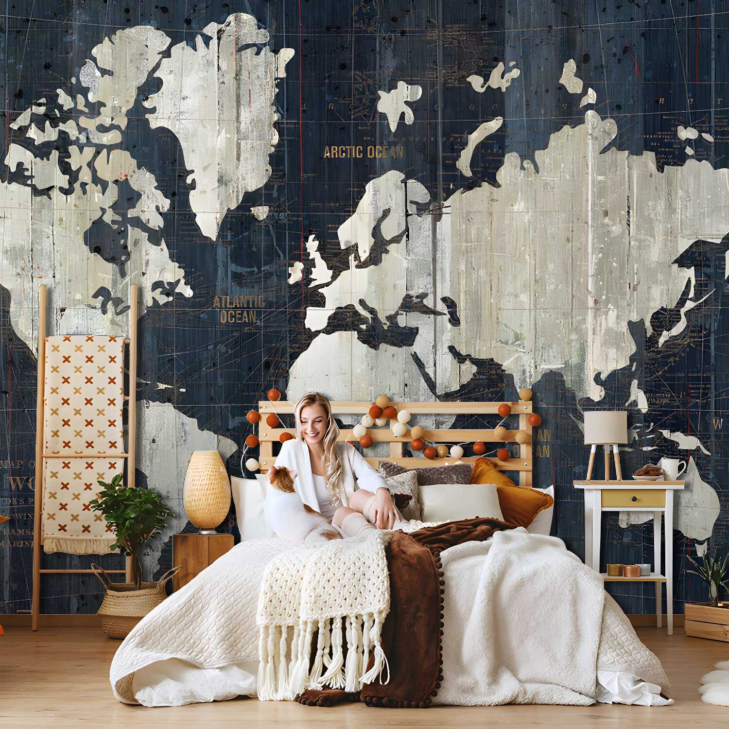 Whole World Map Mural Wallpaper for Living Room Fantasy Wall Decor in Dark Colour, Stain-Resistant
