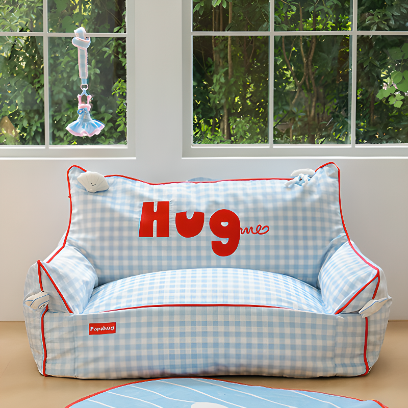 Plaid Adult Bean Bag Sofa with Polymer Upholstery in Light Blue, Armrest, Environmentally Friendly, Moveable