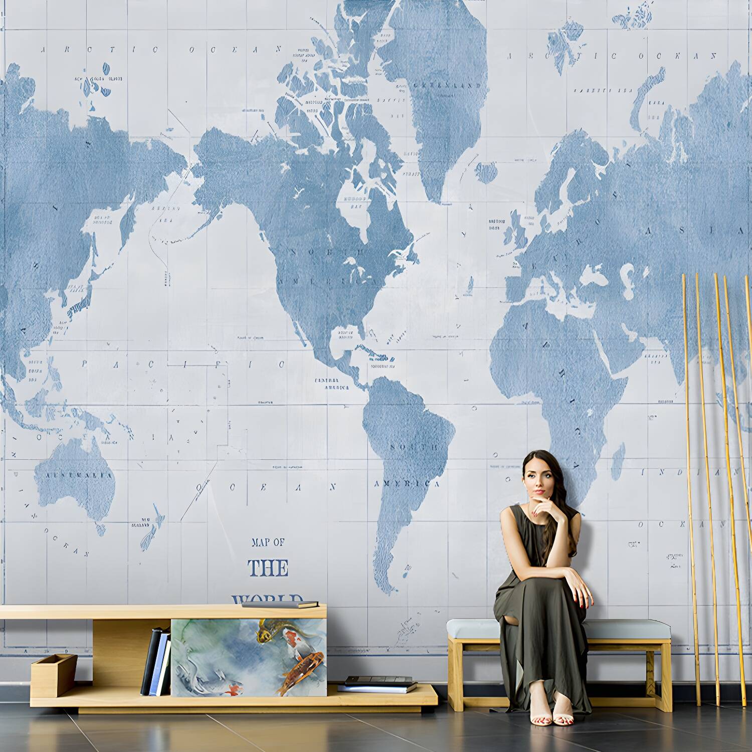 Contemporary World Map Mural Wallpaper in Pastel Blue Coffee Shop Wall Covering, Full Size