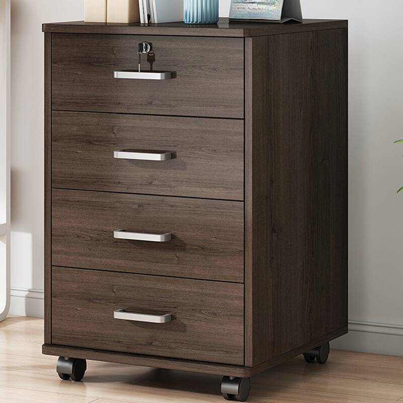 Contemporary Lumber Vertical Filing Cabinet with Caster Wheels, Multiple Drawers, and Key Lock