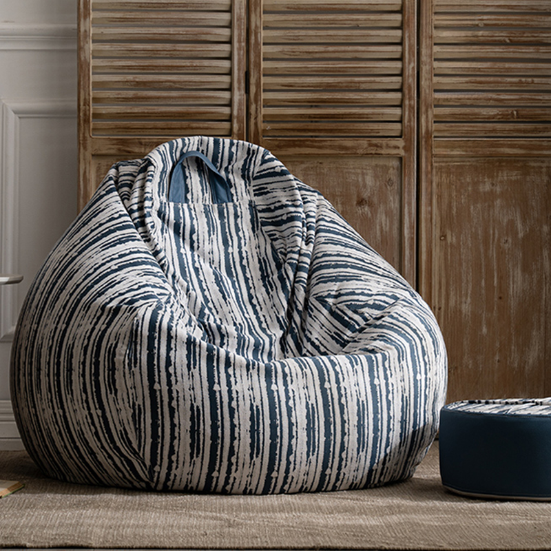 Gingham Cotton Blend Bean Seat in Ink/Light Blue/Light Green, Seats 1, with Removable Cover and Expanded Polypropylene Beans